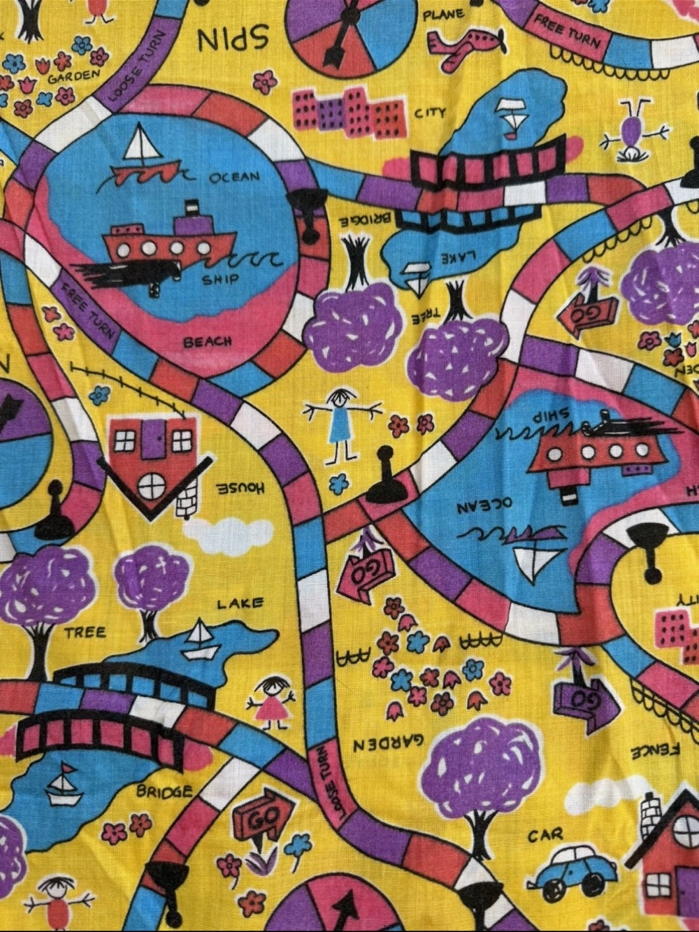 Vintage Board Game Quilting Cotton Fabric 2 Yds +33L X44”W Yellow Pink Black Blu